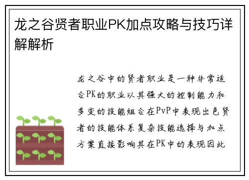 龙之谷贤者职业PK加点攻略与技巧详解解析